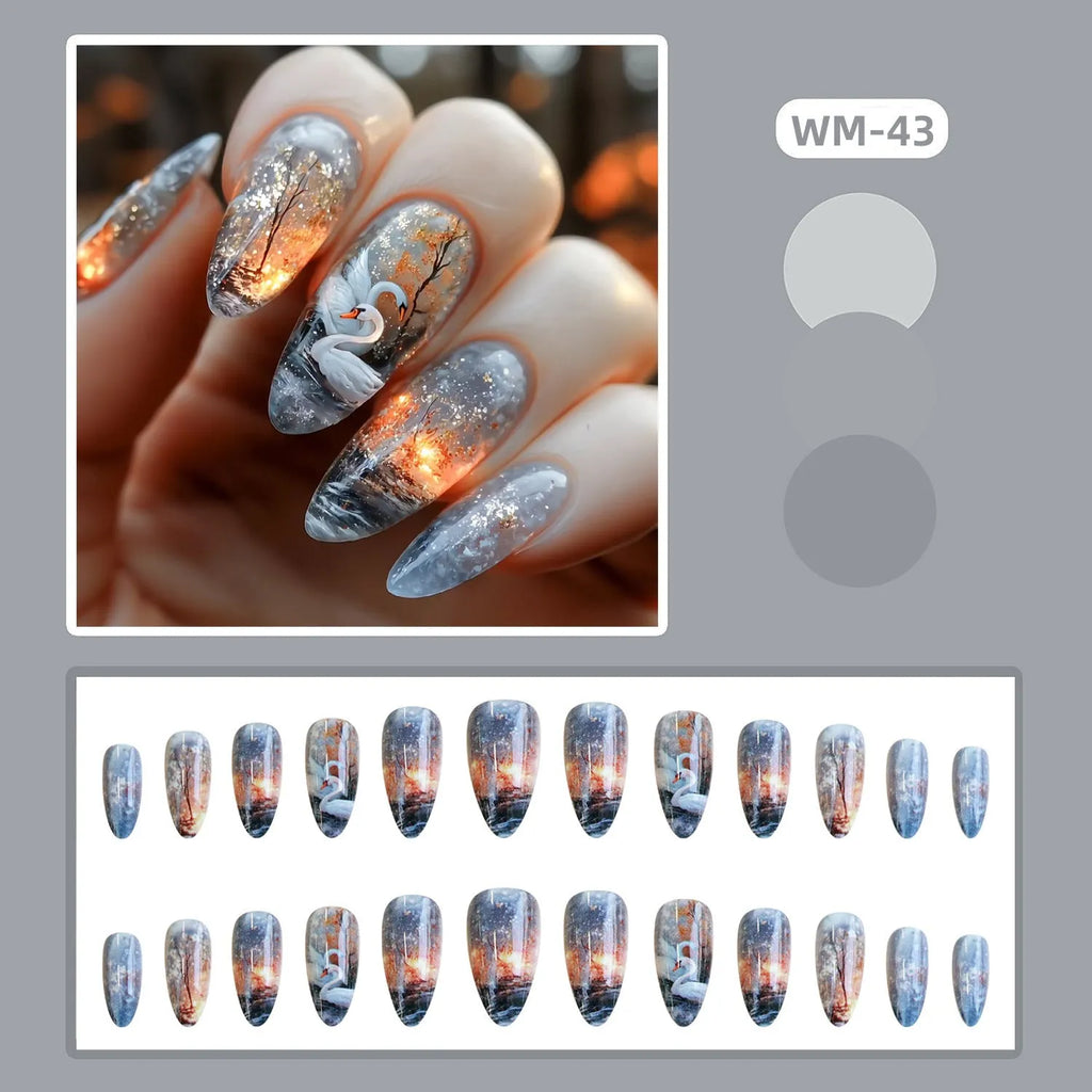 WM-43 Swan Lake Dance medium almond fake nails in starry sky pattern, glue type wearable plastic set for ladies