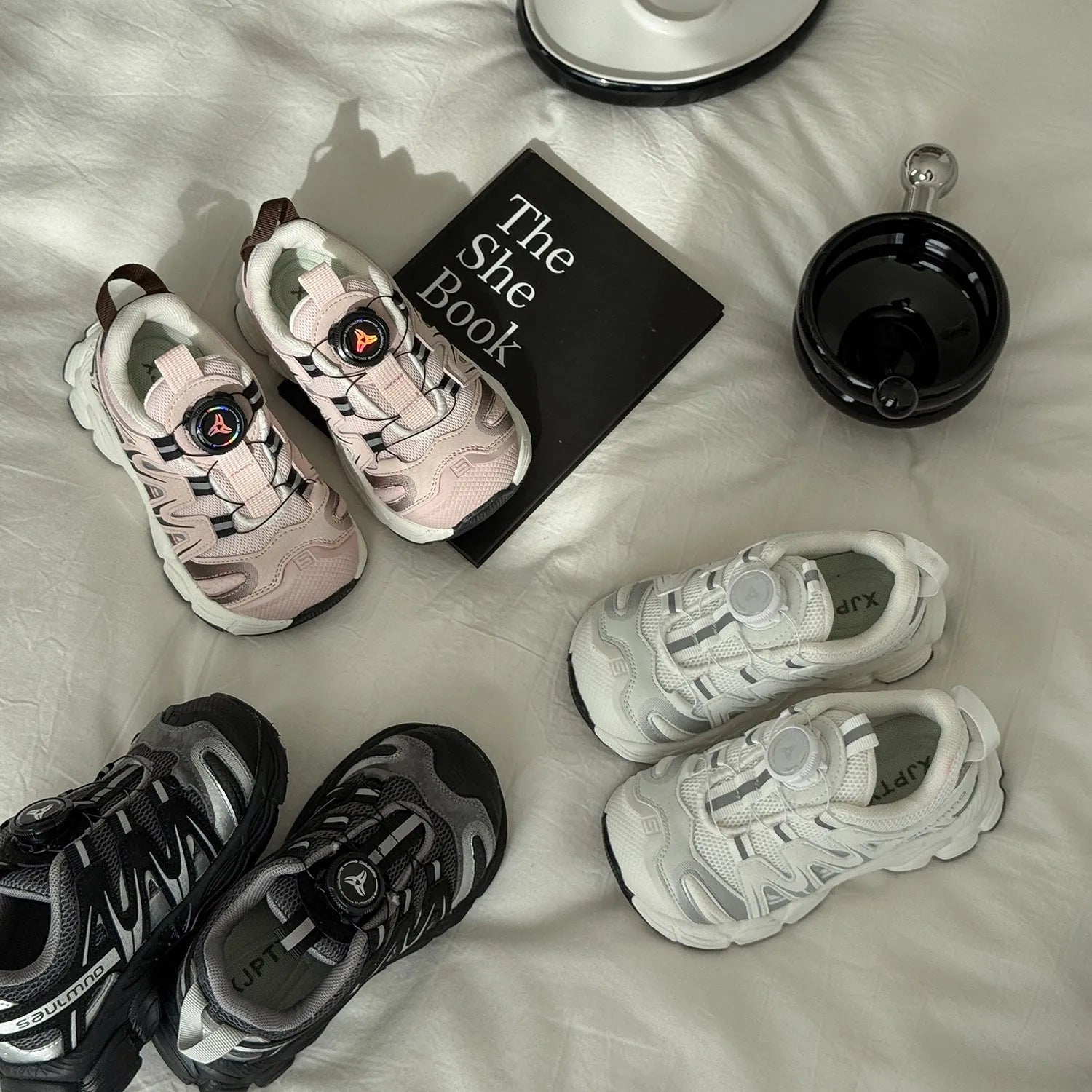 Girls' casual shoes in black, beige, or pink with PU leather mesh uppers for breathable lightweight wear