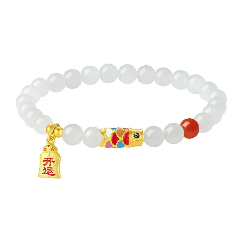 S925 sterling silver bracelet with natural Hetian jade and lucky koi cold enamel design, 6mm wide.