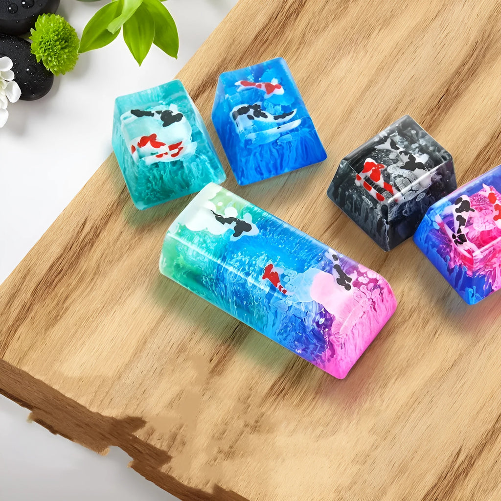 Resin keycap with encapsulated koi fish design for Cherry MX mechanical keyboard switches