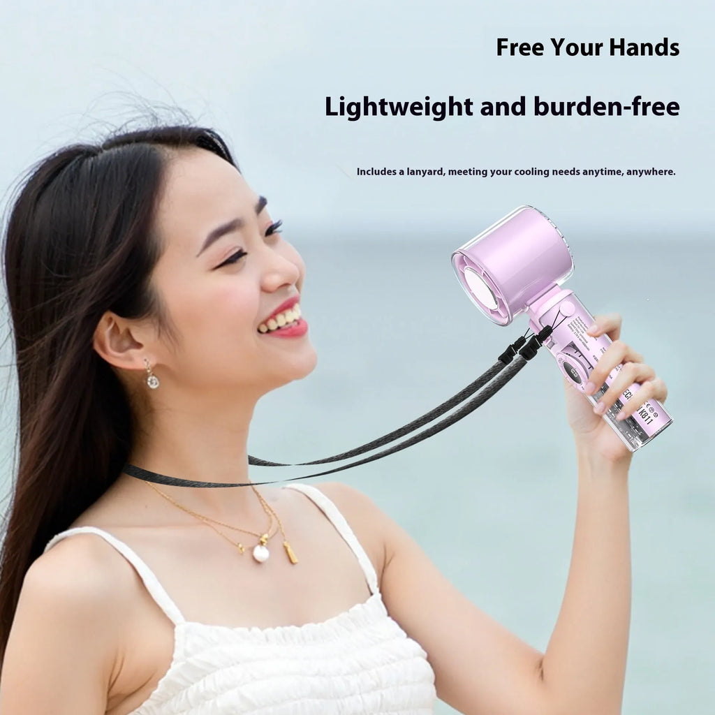 Black handheld personal cooling fan with LED light and neck lanyard strap on white background.