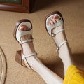 Women's beige retro platform sandals with open square toe, 6cm heel, and adjustable ankle strap.