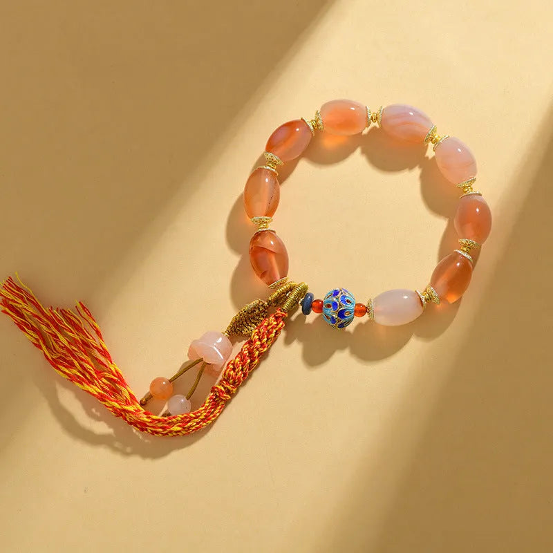 Handmade agate Tibetan bracelet with geometric flower patterns and lily elements in vintage ethnic style