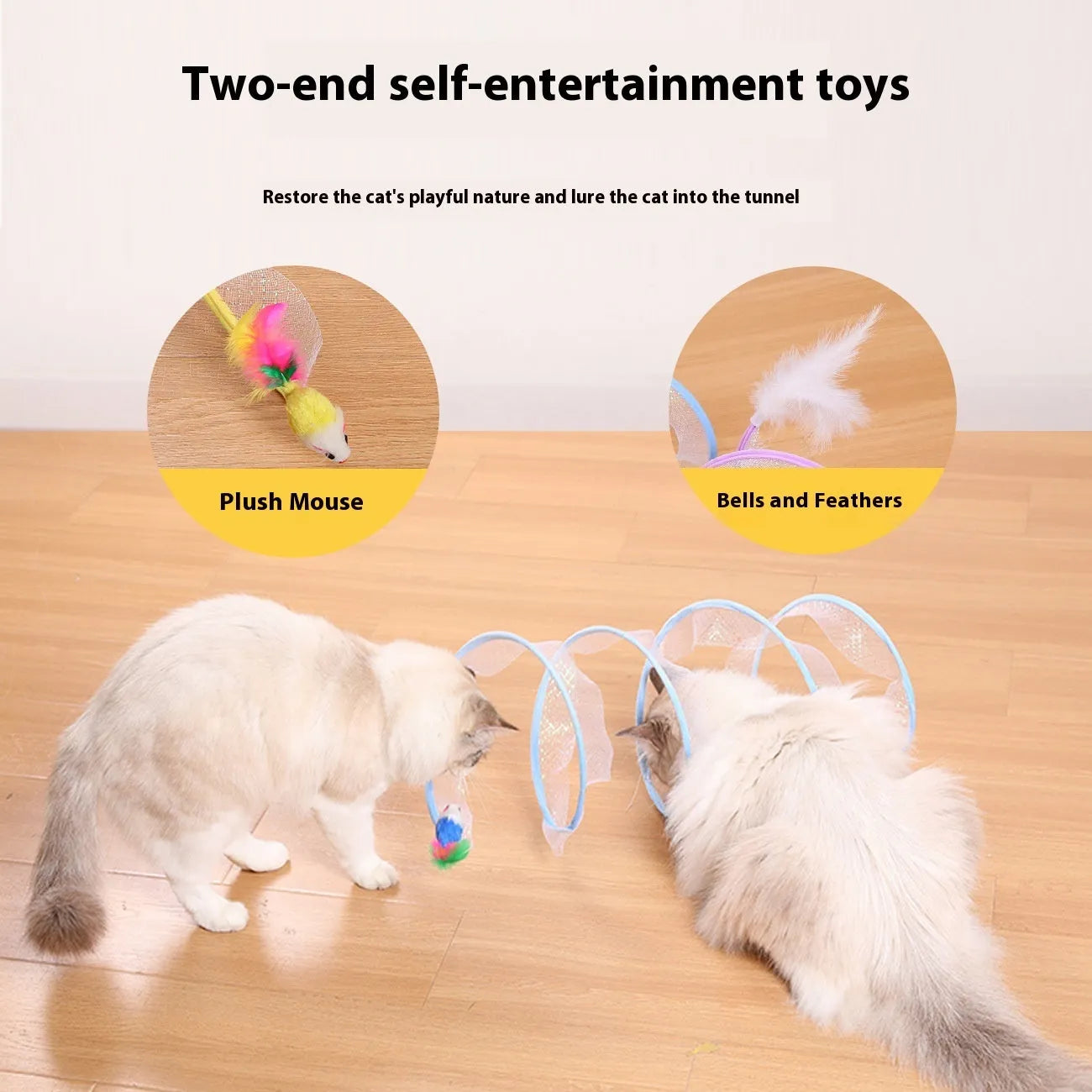S-type cat tunnel toy with steel wire frame and elastic net fabric featuring feather stimulation elements