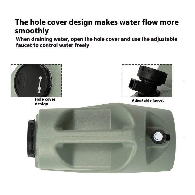 Green portable water storage tank in 13 litre or 18 litre size for camping and home use.