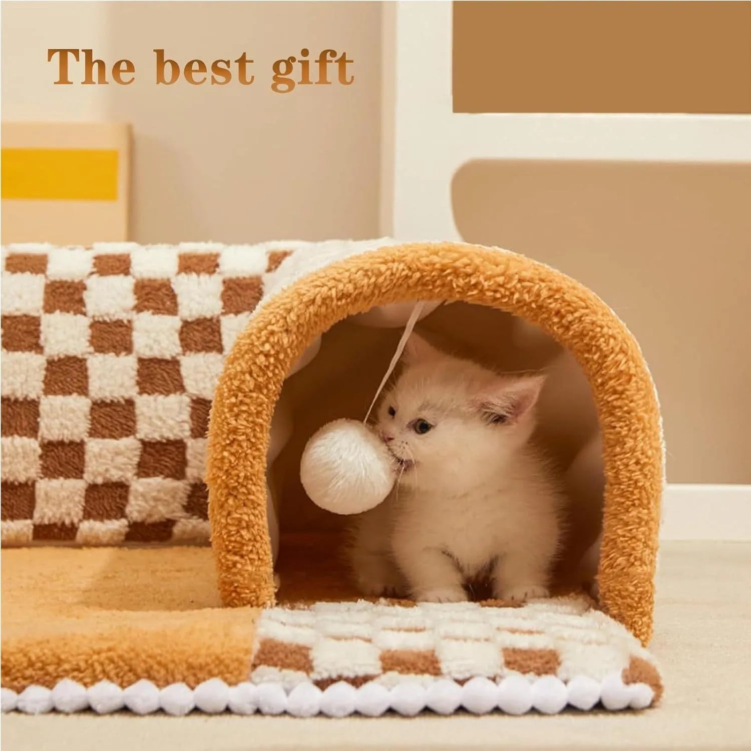 Brown plaid cat tunnel bed with central mat showing non-slip bottom and collapsible tunnel design