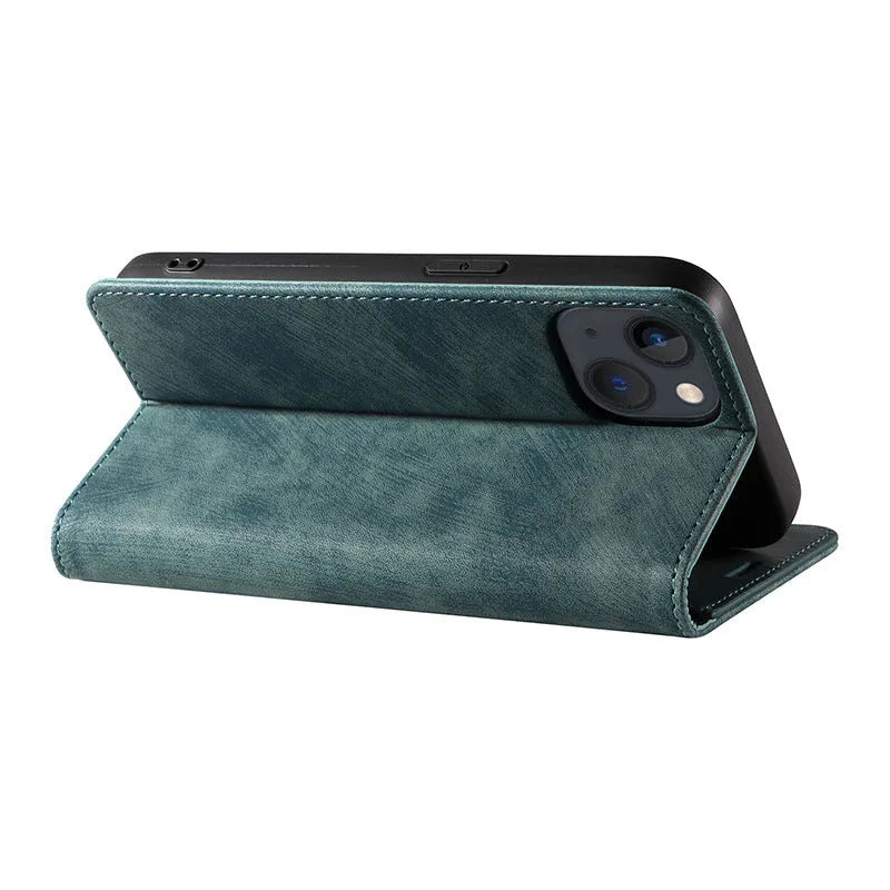 Magnetic flip phone case in grey colour with TPU and leather materials, showing closed flap for iPhone protection
