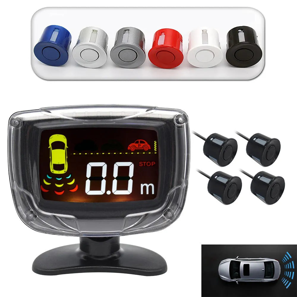 Wireless vehicle reversing sensor system with display unit and four embedded probes for obstacle detection