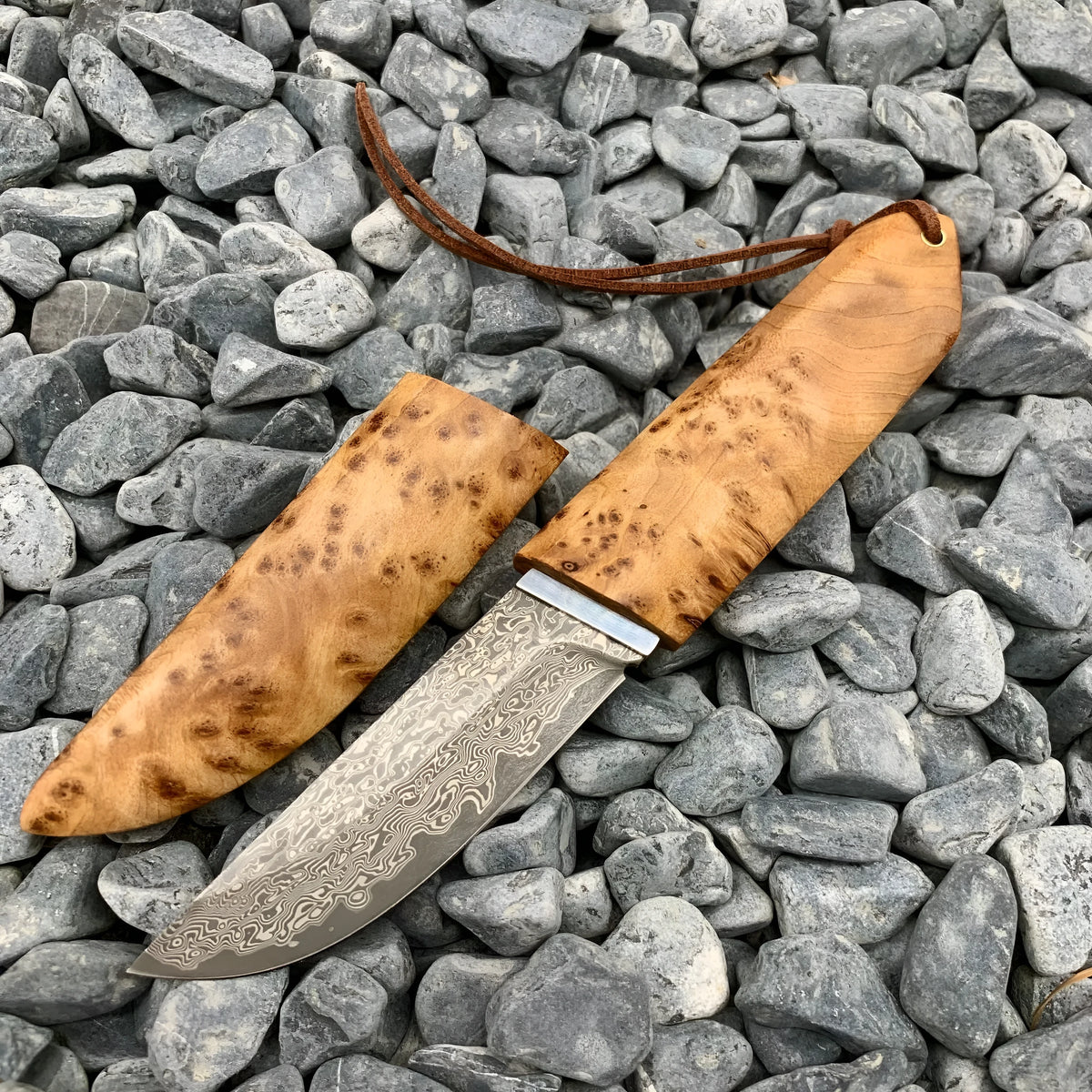 White Shadow Damascus pattern steel camping short knife with Thuja wood handle