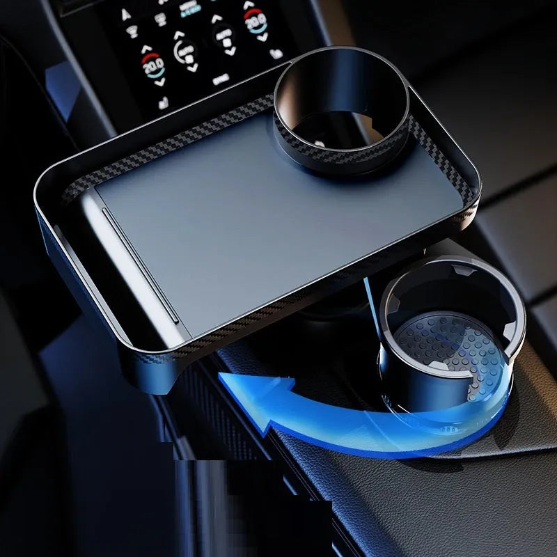 Black car-mounted rotating dinner tray holder installed in vehicle cup holder showing 360-degree rotation capability