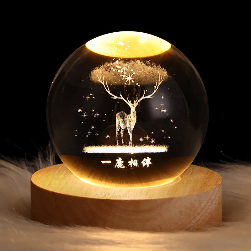3D crystal ball night light projecting starry sky and planets from its 6cm sphere on a solid wood base.