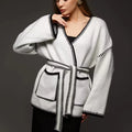 Lace-up front knitted cardigan in imitation cashmere fabric with 50cm body length and long sleeves