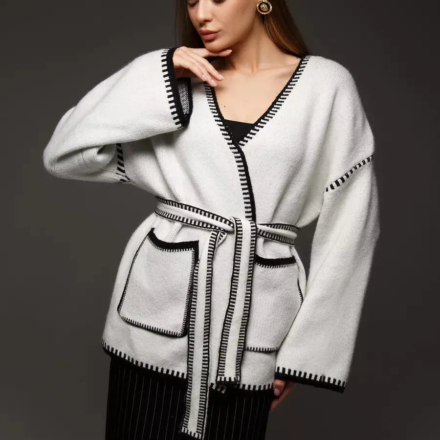 Lace-up front knitted cardigan in imitation cashmere fabric with 50cm body length and long sleeves