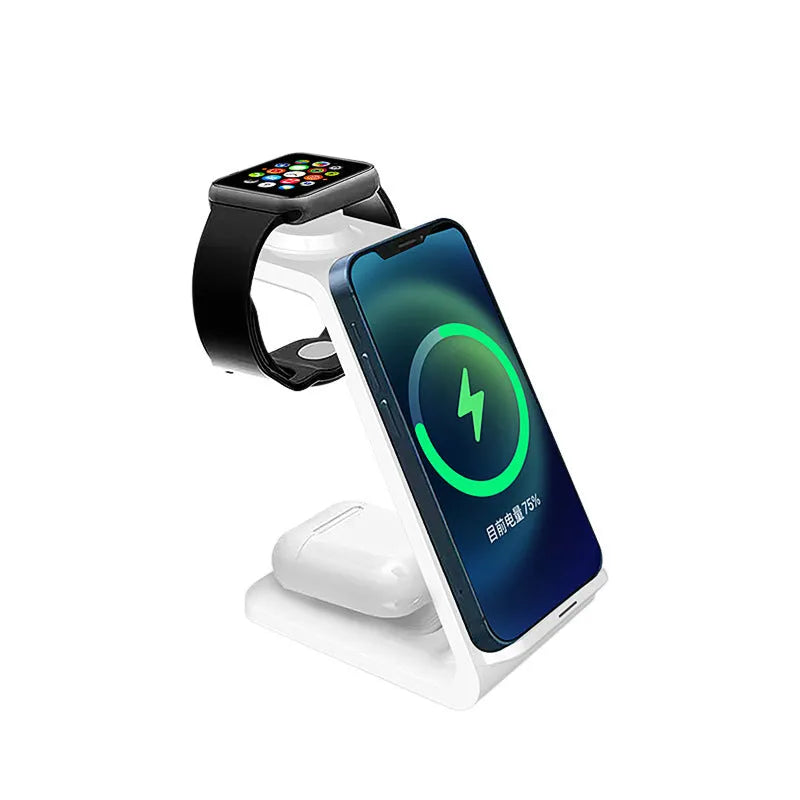 White 3-in-1 wireless charger with phone in upright holder, earbuds on charging pad, and smartwatch on charger
