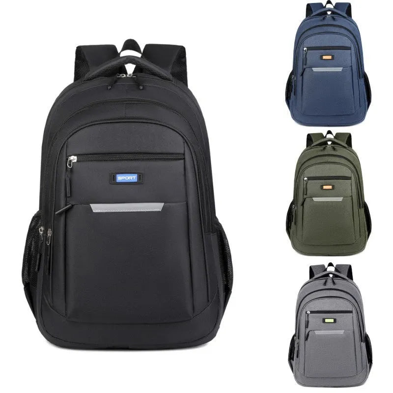 Casual Oxford cloth men's backpack in grey, shown from a side angle.
