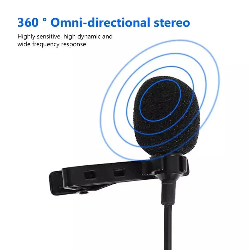Metal lavalier microphone with collar clip and 1.5m TPE cable, compatible with Apple devices for clear audio recording