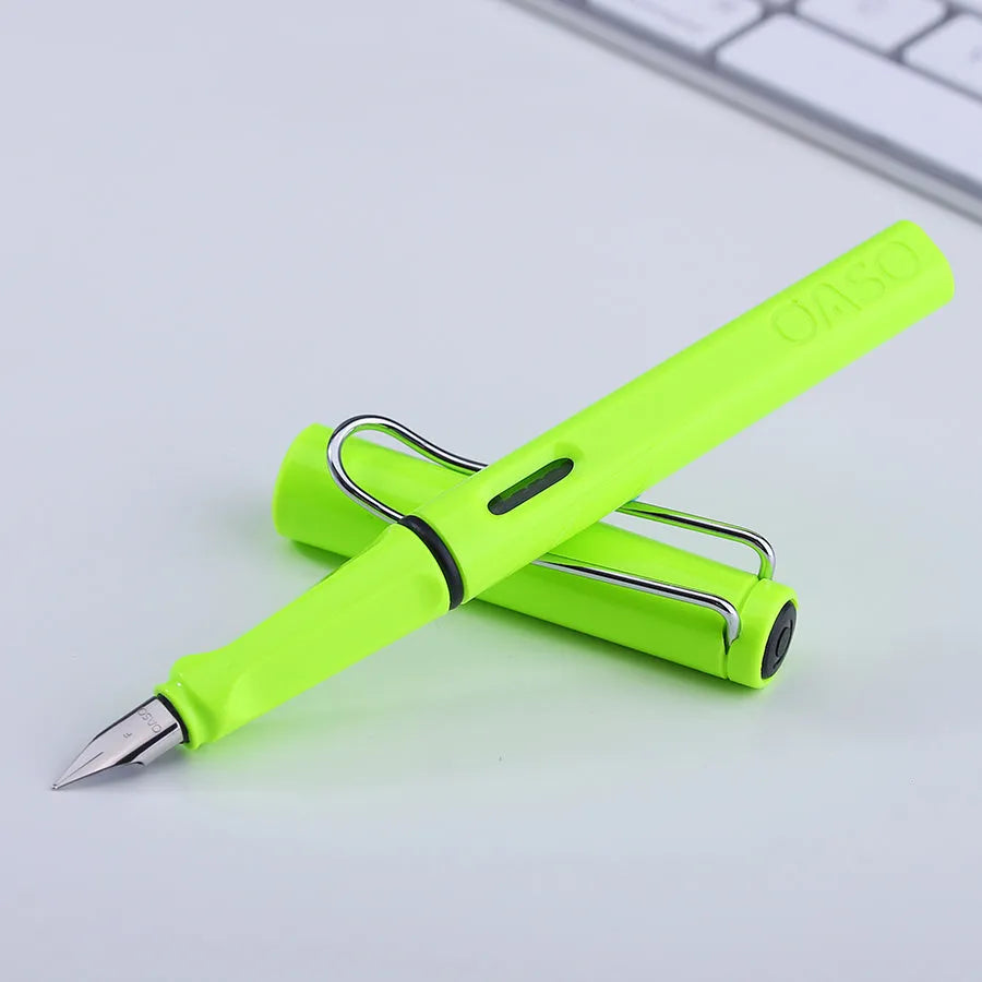 0.5mm ink sac pen with plastic body in six colours showing steel nib and refillable ink bag system