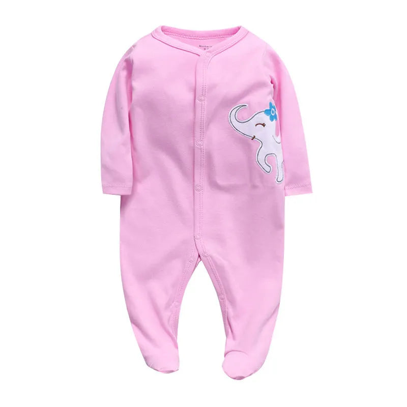 Cotton one-piece baby romper with long sleeves, shown in dinosaur print and other style options for 0-12 month infants.