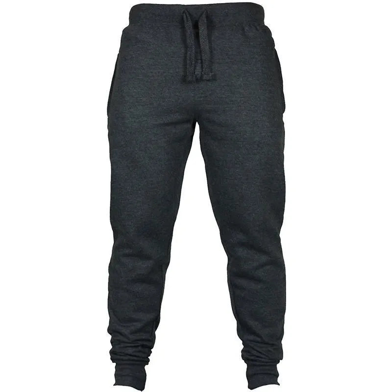 Men's solid colour fleece casual pants with drawstring waist, loose fit, and full-length design in black, grey, or navy