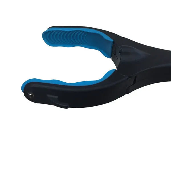 Blue foldable pickup tool with TPR grip and aluminium frame, shown extended to 83.5cm.