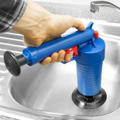 Plastic drain blaster gun with four adaptor suckers for clearing blockages in sinks and toilets, measuring 28 cm by 27.5 cm