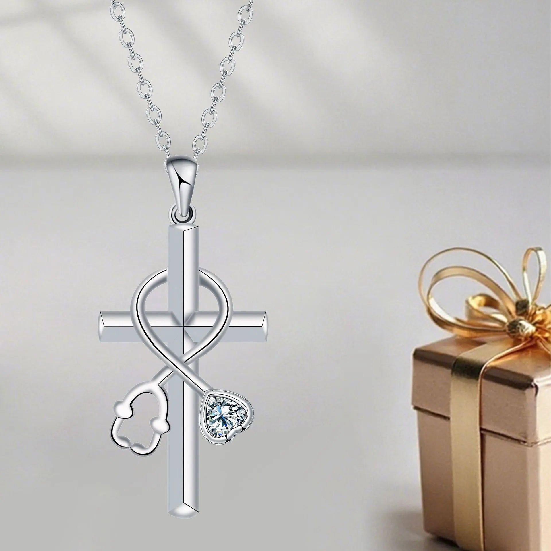 Original design copper stethoscope pendant necklace with a cross chain for women.