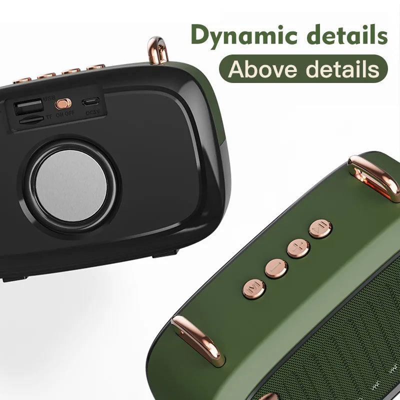 Subwoofer outdoor card portable mini speaker in black, blue, green, grey, or orange, showing compact design with USB port and buttons.