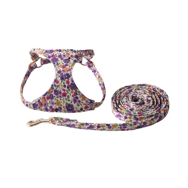 Floral pattern cloth dog harness and leash set shown in small size on a model.