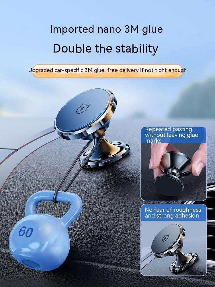 Shiny black magnetic car phone holder with dashboard adhesive mount and universal smartphone compatibility
