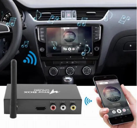 Black car mirror link box with Wi-Fi A/V converter, antenna, power cable, and AV cable for smartphone car integration