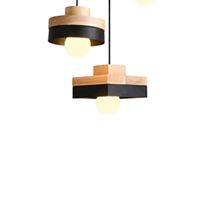 Japanese-style zinc alloy wood chandelier with adjustable height in matte black round design