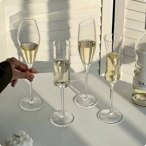 French champagne glass in crystal style with clear glass construction and seven design options
