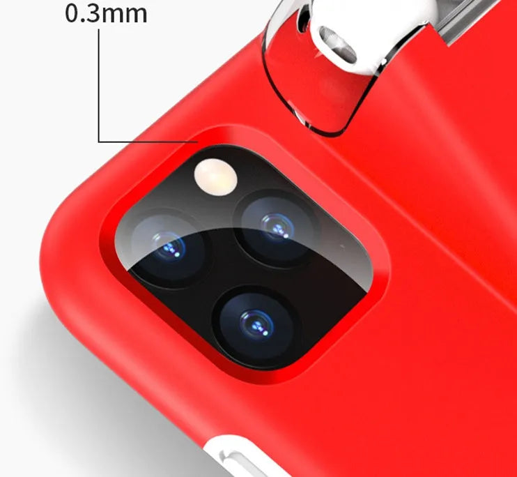 Black phone case with a slot on the back holding a white AirPods charging case