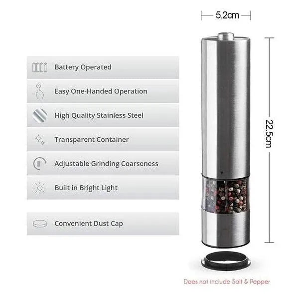 Stainless steel electric pepper grinder with natural colour finish