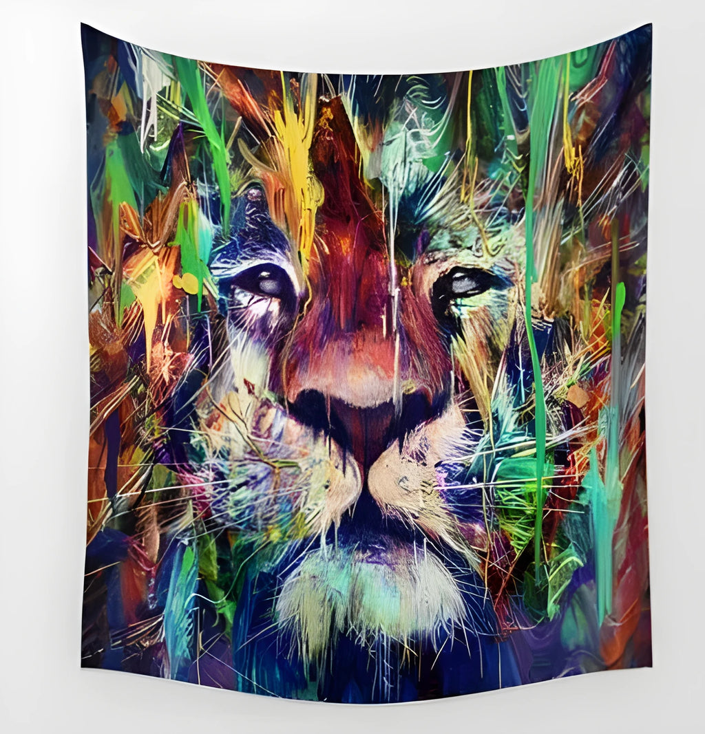 Bohemian animal print polyester tapestry shown as wall hanging and beach blanket