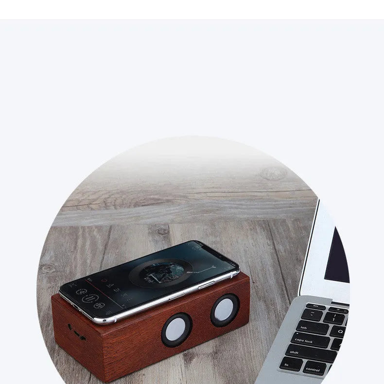 Retro wooden Bluetooth speaker in bamboo finish showing USB port and compact 15cm design