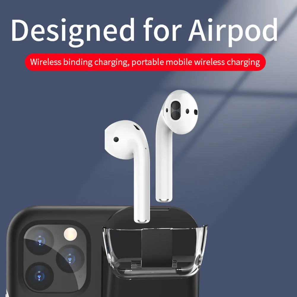 Black phone case with a slot on the back holding a white AirPods charging case