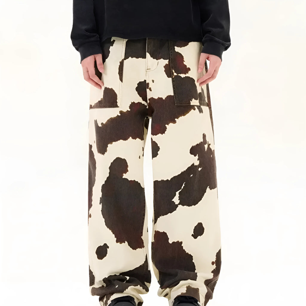Men's straight-leg trousers with cow pattern design in American retro styling