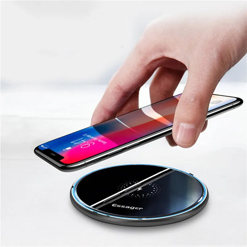 Black or white wireless charging pad with aluminium alloy surface and LED light, measuring 10.1cm by 7cm