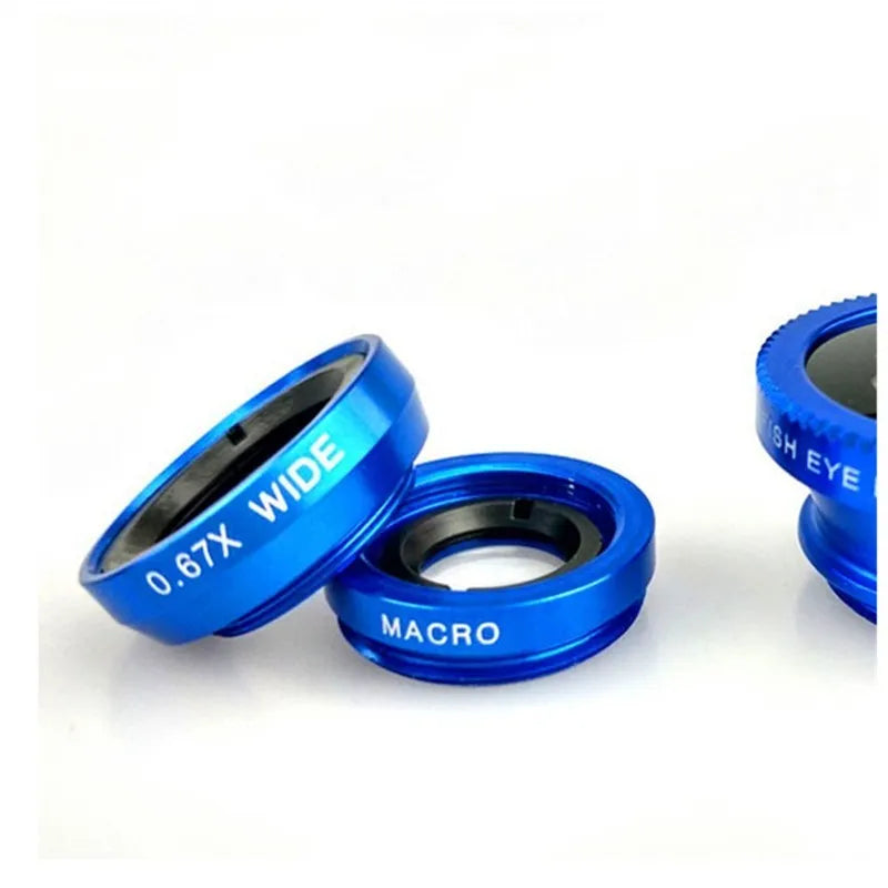 Black aluminium alloy 3-in-1 phone camera lens kit with fisheye, wide angle, and macro lenses next to a universal clip.