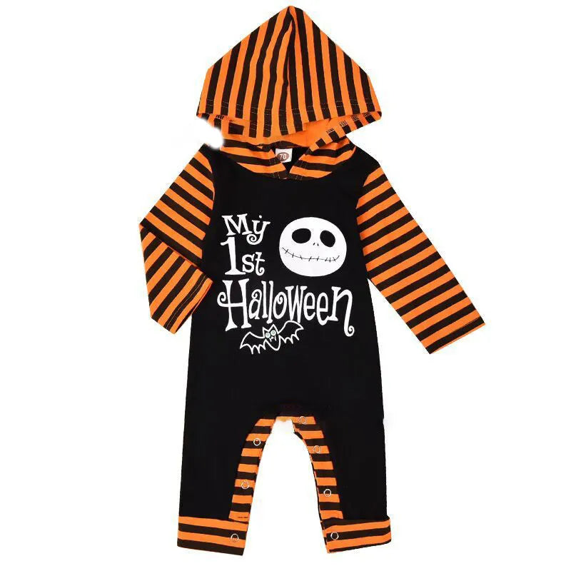 A black hooded Halloween romper costume with long sleeves for a child.