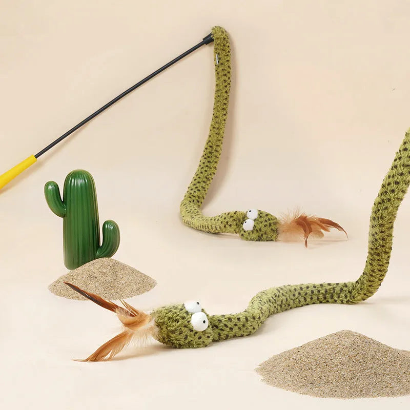 Green cat teasing stick with feather attachment measuring 140cm in length