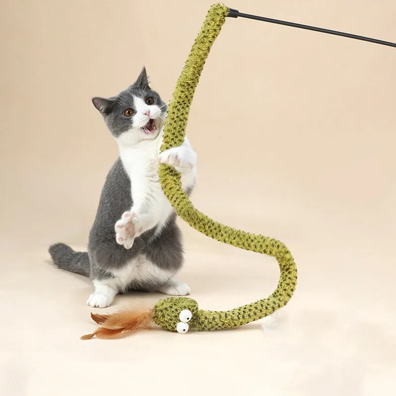 Green cat teasing stick with feather attachment measuring 140cm in length