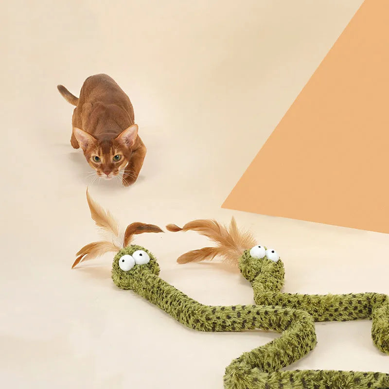 Green cat teasing stick with feather attachment measuring 140cm in length
