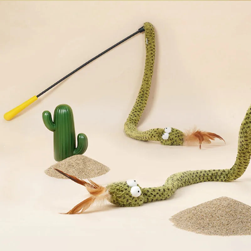Green cat teasing stick with feather attachment measuring 140cm in length