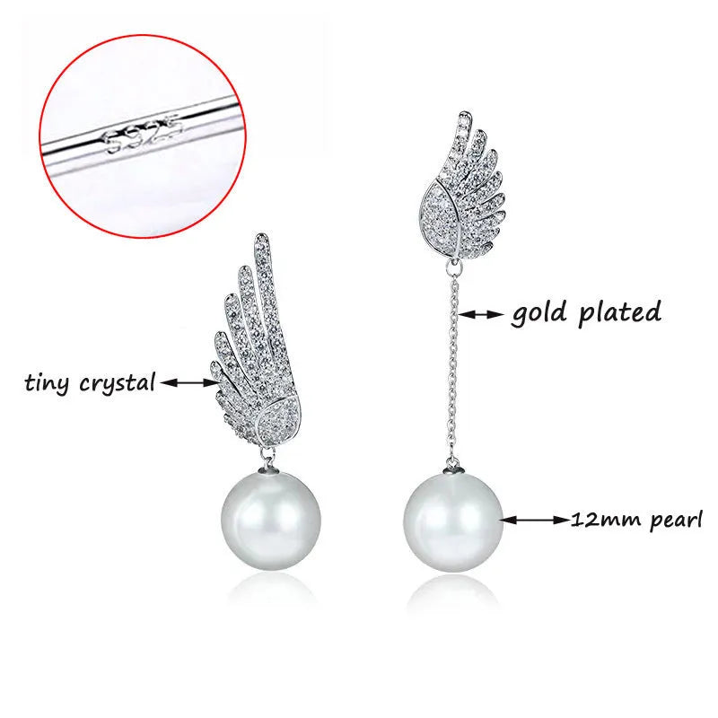 Platinum colour angel wing silver earrings with diamond treatment and gold-plated gemstone inlays