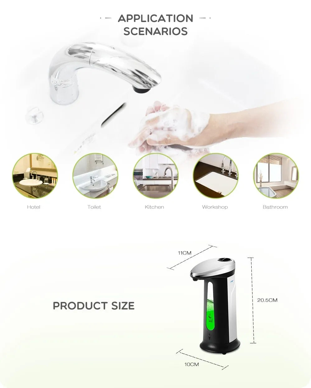 Black automatic liquid soap dispenser with smart sensor, 400ml capacity, non-drip design