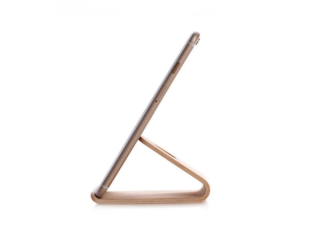 Walnut and white maple wooden stands holding iPhones at viewing angles