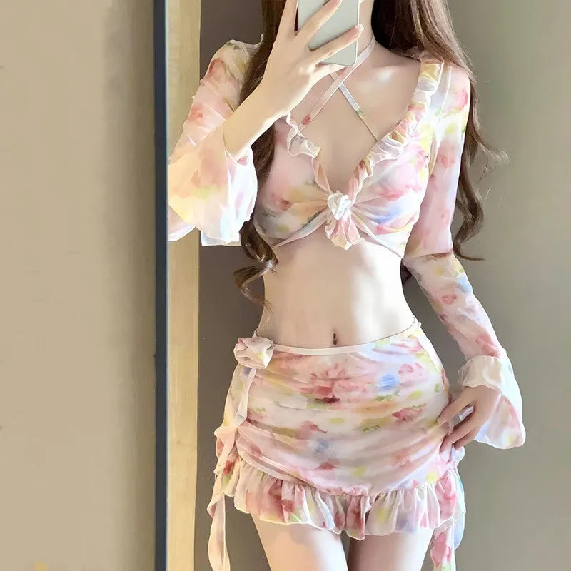 Women's floral bikini in cherry blossom powder with polyester fabric, sizes S to XL for beach and hot spring use