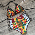 Women's split bikini swimsuit with digital printing, showing high-waist briefs and backless top design for swimming